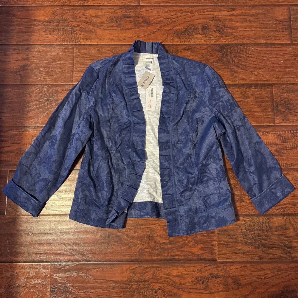 NWT Floral Jacquard Ruffle Open Front Jacket Chico's Women Size 3 Blue Rory